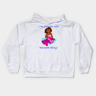 Little Magical rainbow mermaid - I’m friends with the tooth fairy - brown eyes, Afro hair in two puffs and caramel brown skin - light background Kids Hoodie